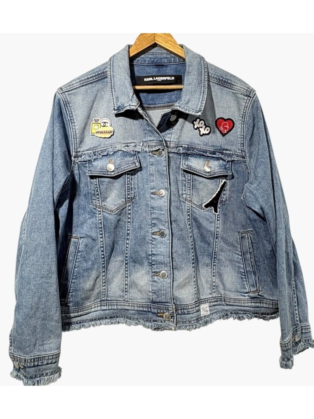 Karl Lagerfeld Paris Designer Denim Trucker Jacket Raw Hem Patches Womens Sz XL